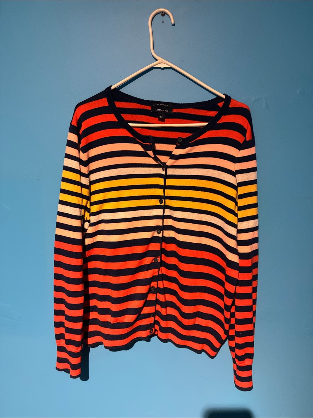 Lands' End Striped Button-Front Top in Red, Navy, Yellow and White